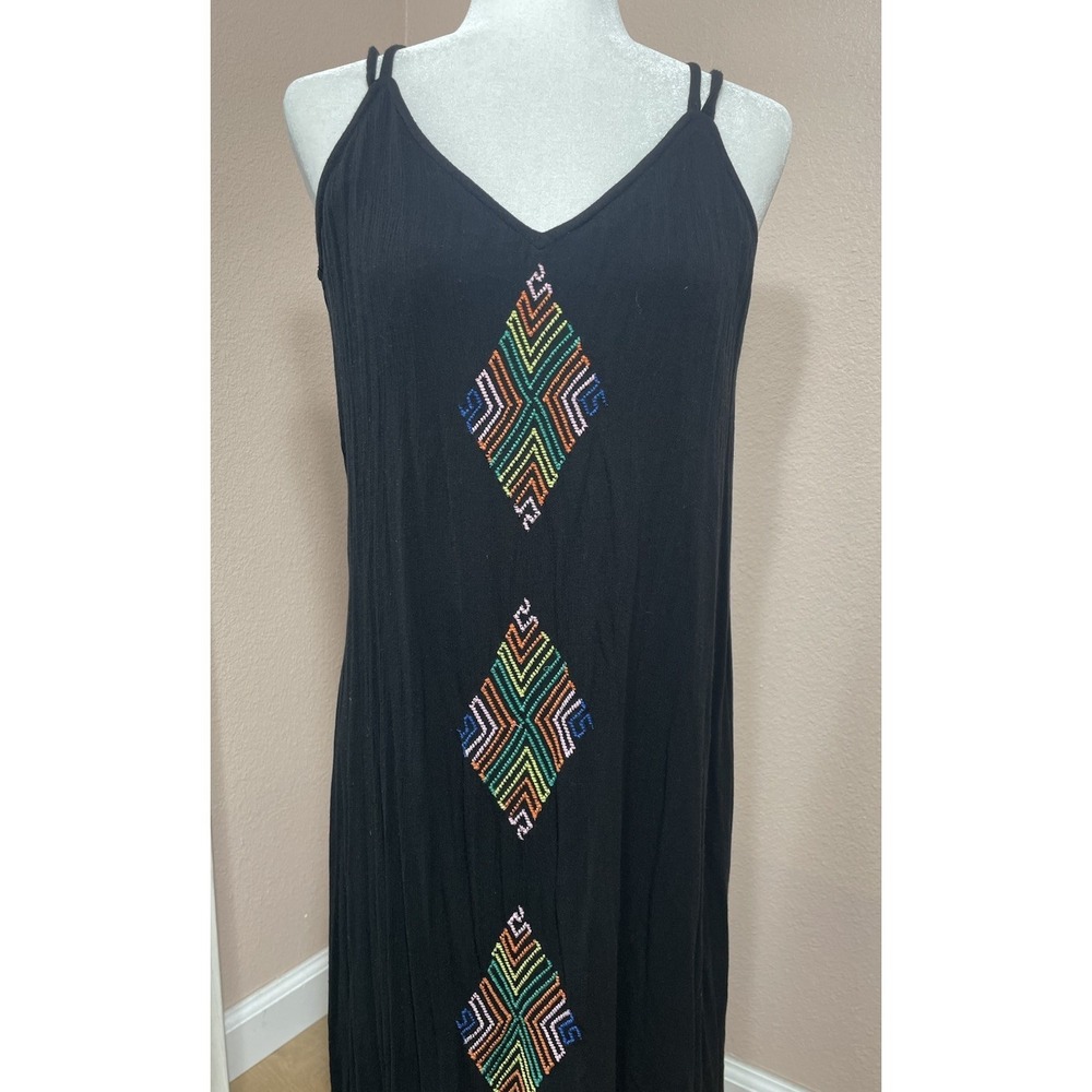 Be Chetta‎ B Black Boho Maxi Dress Embroidered Strappy Rayon Size 8